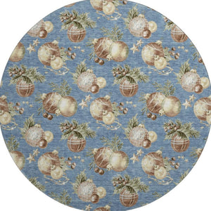 HomeRoots 8' Stylish Washable Round Rug in Denim Blue, Brown & Beige Polka Dots - UV Protected & Durable! 702482