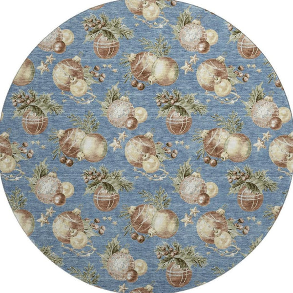 HomeRoots 8' Stylish Washable Round Rug in Denim Blue, Brown & Beige Polka Dots - UV Protected & Durable! 702482