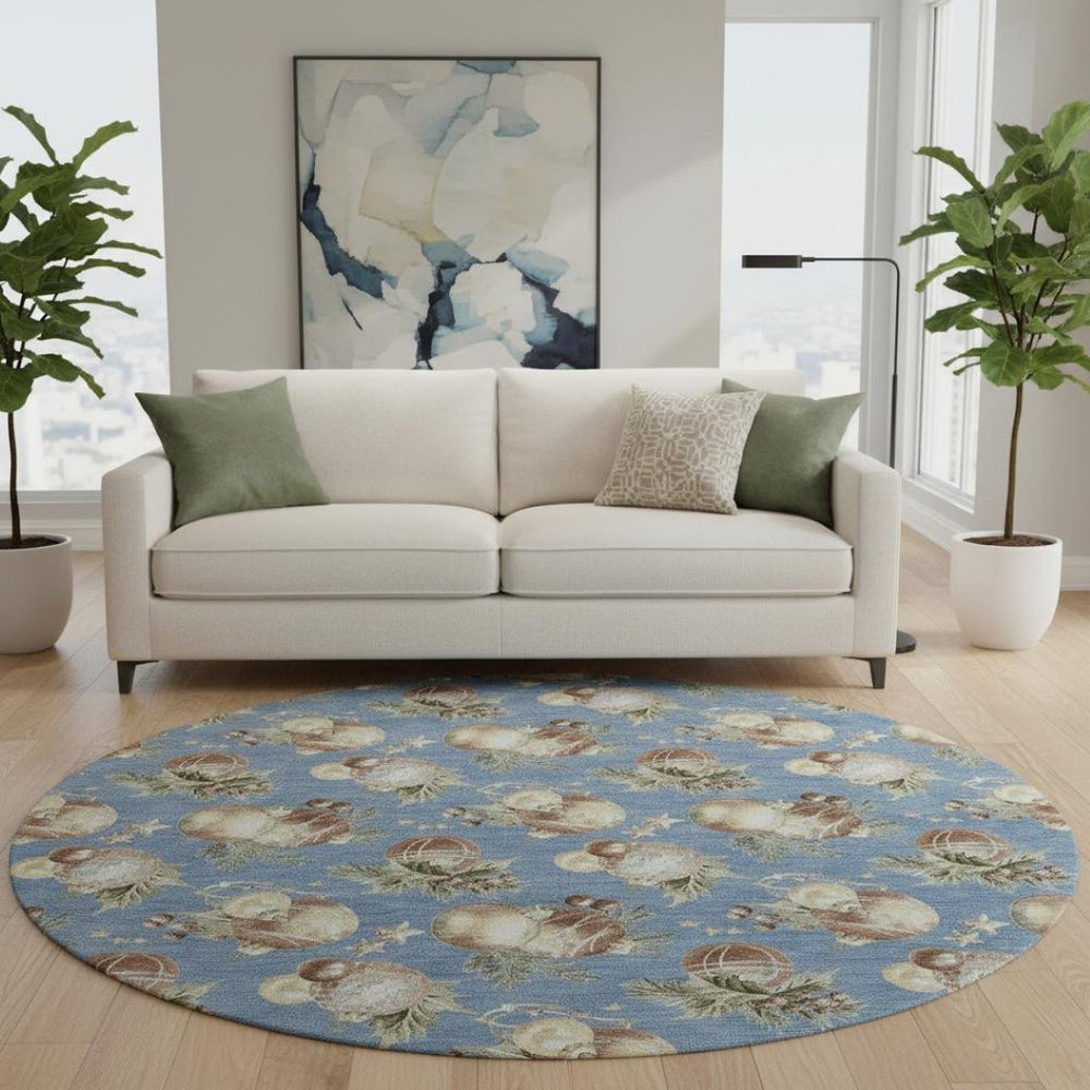 HomeRoots 8' Stylish Washable Round Rug in Denim Blue, Brown & Beige Polka Dots - UV Protected & Durable! 702482