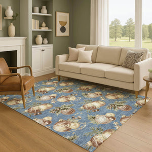 HomeRoots 8' X 10' Denim Blue Brown Beige Polka Dot Area Rug - Washable, UV Protected, Non-Slip, Durable Design 702483