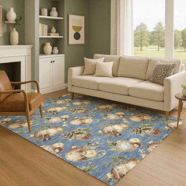 HomeRoots 8' X 10' Denim Blue Brown Beige Polka Dot Area Rug - Washable, UV Protected, Non-Slip, Durable Design 702483