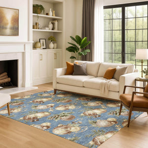 HomeRoots 8' X 10' Denim Blue Brown Beige Polka Dot Area Rug - Washable, UV Protected, Non-Slip, Durable Design 702483