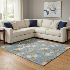 HomeRoots 8' X 10' Denim Blue Brown Beige Polka Dot Area Rug - Washable, UV Protected, Non-Slip, Durable Design 702483