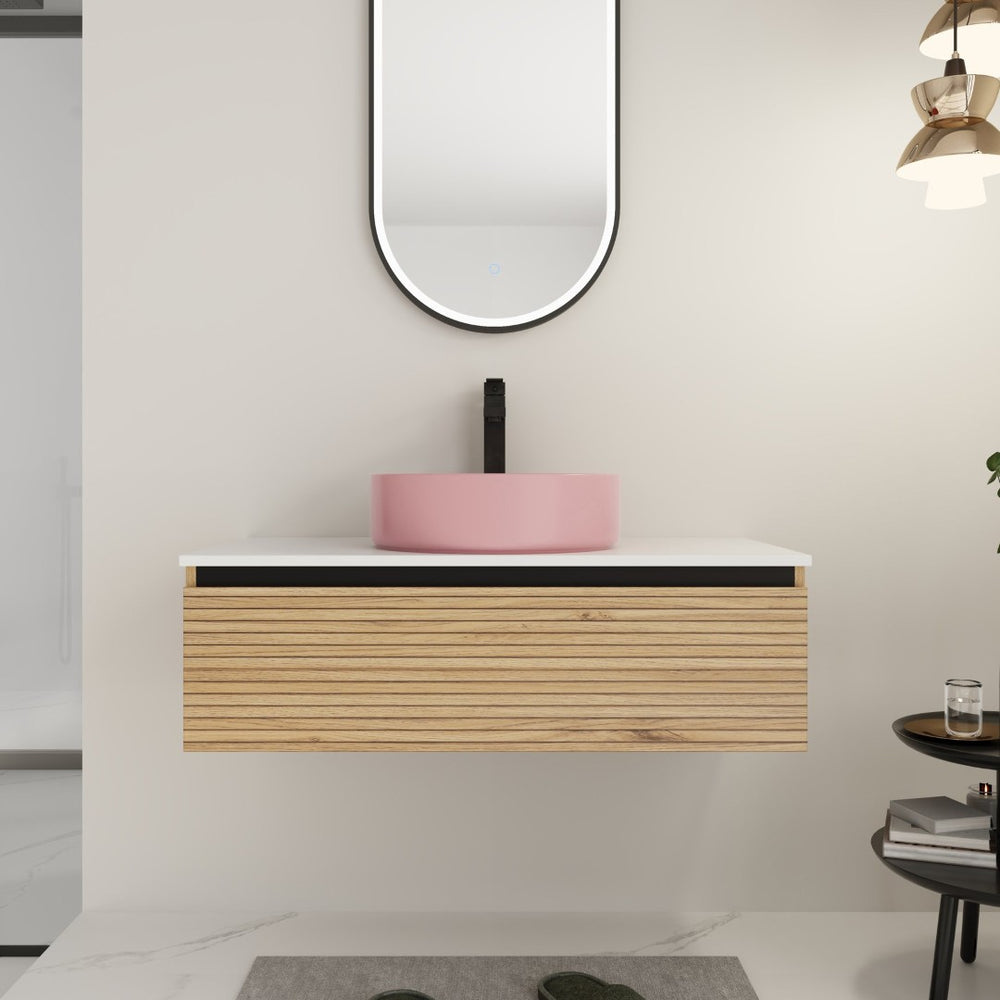 English Elm 36'' Floating Wall Mounted Vanity with Art Ceramic Vessel Sink and Soft Close Drawer W999S00364
