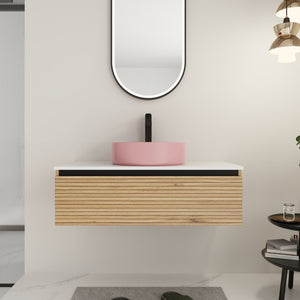 English Elm 36'' Floating Wall Mounted Vanity with Art Ceramic Vessel Sink and Soft Close Drawer W999S00364