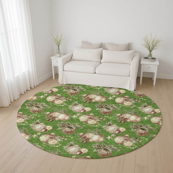 HomeRoots 8' Washable Round Rug in Green, Brown & Beige Polka Dots - UV Protected, Durable & Non-Slip Design 702488