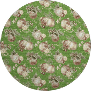 HomeRoots 8' Washable Round Rug in Green, Brown & Beige Polka Dots - UV Protected, Durable & Non-Slip Design 702488
