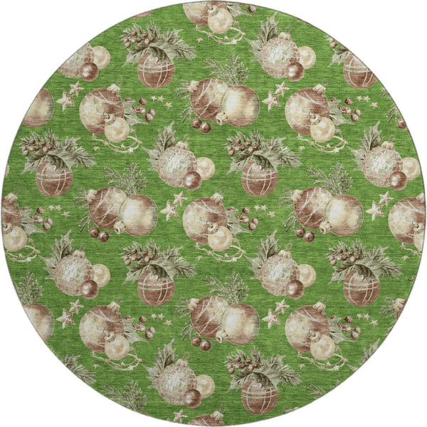 HomeRoots 8' Washable Round Rug in Green, Brown & Beige Polka Dots - UV Protected, Durable & Non-Slip Design 702488