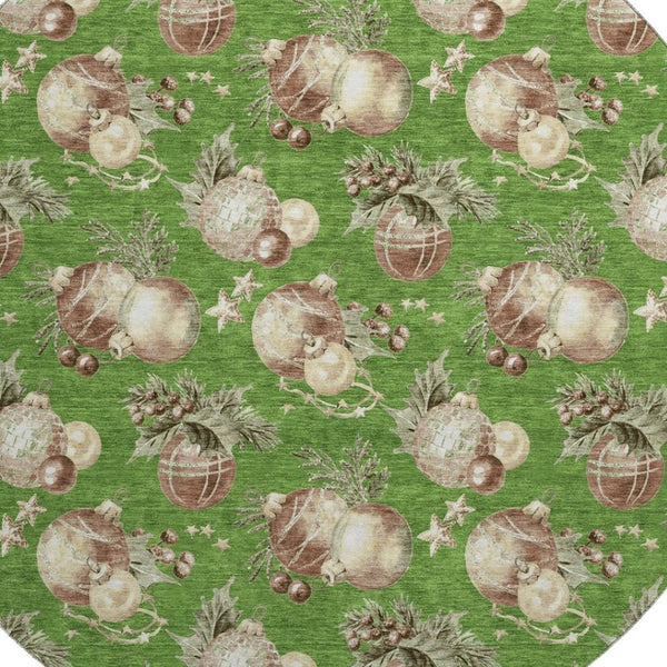 HomeRoots 8' Washable Round Rug in Green, Brown & Beige Polka Dots - UV Protected, Durable & Non-Slip Design 702488