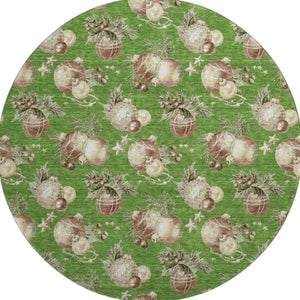 HomeRoots 8' Washable Round Rug in Green, Brown & Beige Polka Dots - UV Protected, Durable & Non-Slip Design 702488