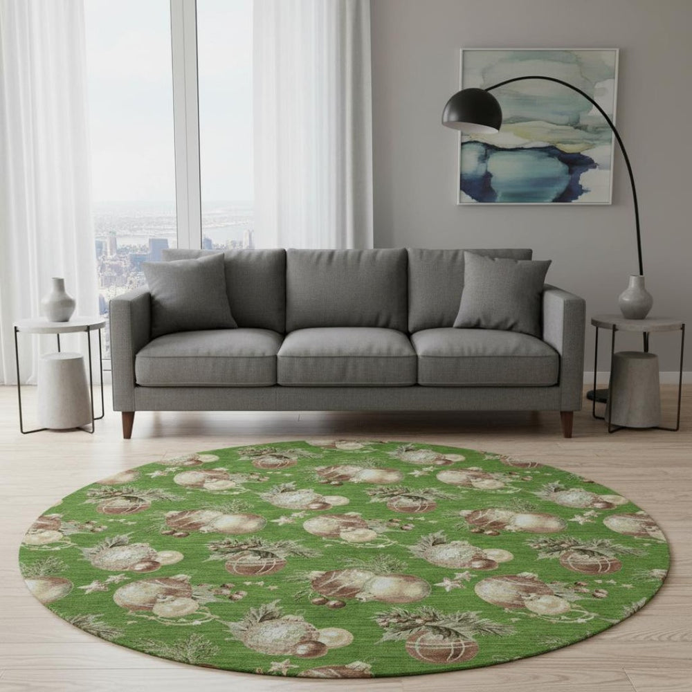HomeRoots 8' Washable Round Rug in Green, Brown & Beige Polka Dots - UV Protected, Durable & Non-Slip Design 702488