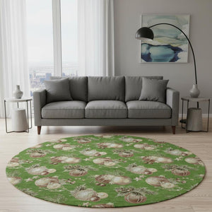 HomeRoots 8' Washable Round Rug in Green, Brown & Beige Polka Dots - UV Protected, Durable & Non-Slip Design 702488