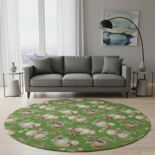 HomeRoots 8' Washable Round Rug in Green, Brown & Beige Polka Dots - UV Protected, Durable & Non-Slip Design 702488