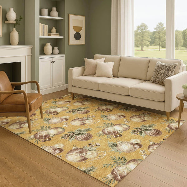 HomeRoots 9' X 12' Playful Gold Brown Beige Polka Dot Washable Area Rug with UV Protection for Family Spaces 702496