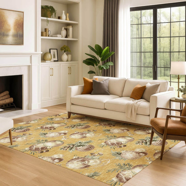HomeRoots 9' X 12' Playful Gold Brown Beige Polka Dot Washable Area Rug with UV Protection for Family Spaces 702496