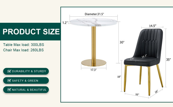 English Elm Table Set: 31.5-Inch Elegant White Marble Round Dining Table With 4 Black Pu Chairs For Chic Dining W1151S02497-GIGA