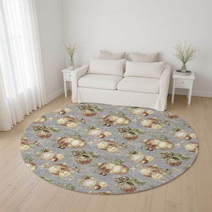 HomeRoots 8' Washable Round Rug with Gray, Brown & Beige Polka Dots - Stain Resistant & UV Protected Design 702500