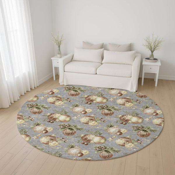 HomeRoots 8' Washable Round Rug with Gray, Brown & Beige Polka Dots - Stain Resistant & UV Protected Design 702500