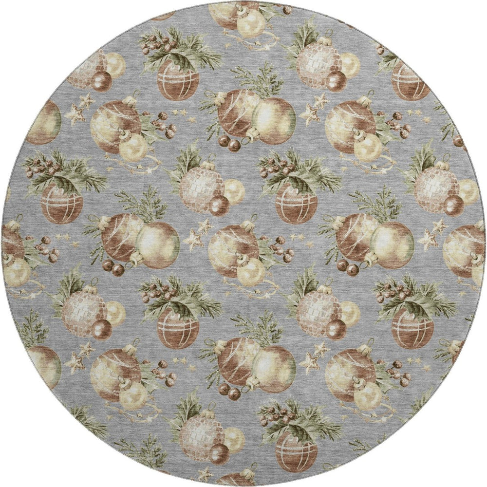 HomeRoots 8' Washable Round Rug with Gray, Brown & Beige Polka Dots - Stain Resistant & UV Protected Design 702500