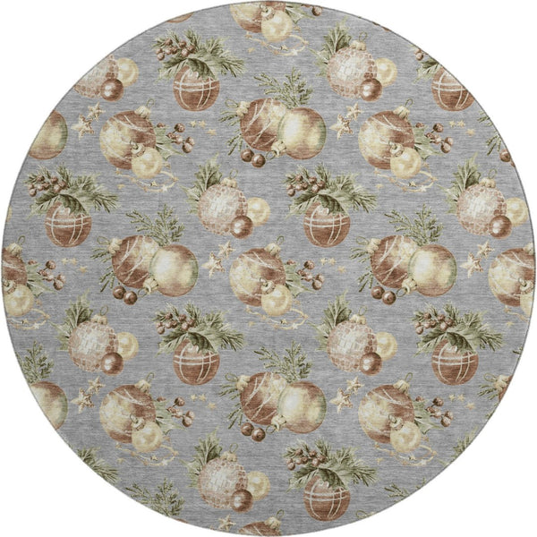 HomeRoots 8' Washable Round Rug with Gray, Brown & Beige Polka Dots - Stain Resistant & UV Protected Design 702500