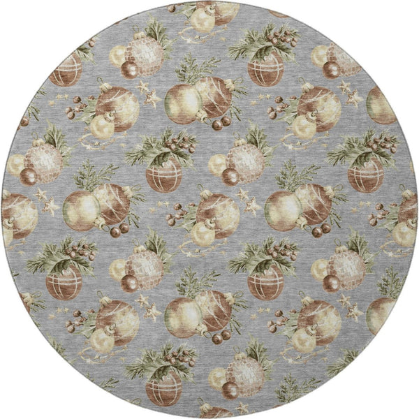 HomeRoots 8' Washable Round Rug with Gray, Brown & Beige Polka Dots - Stain Resistant & UV Protected Design 702500
