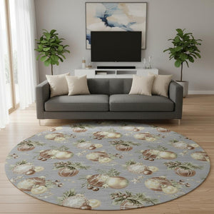 HomeRoots 8' Washable Round Rug with Gray, Brown & Beige Polka Dots - Stain Resistant & UV Protected Design 702500