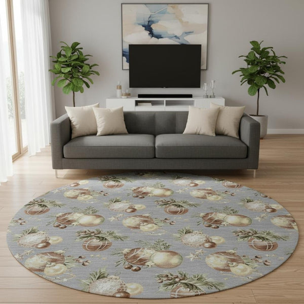 HomeRoots 8' Washable Round Rug with Gray, Brown & Beige Polka Dots - Stain Resistant & UV Protected Design 702500