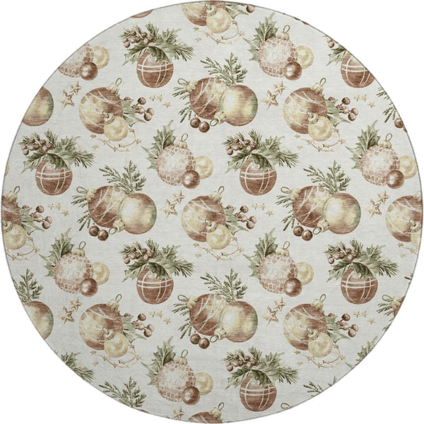 HomeRoots 8' Washable Round Rug in Ivory, Brown & Beige Polka Dots – Durable, UV-Protected & Stain Resistant! 702506