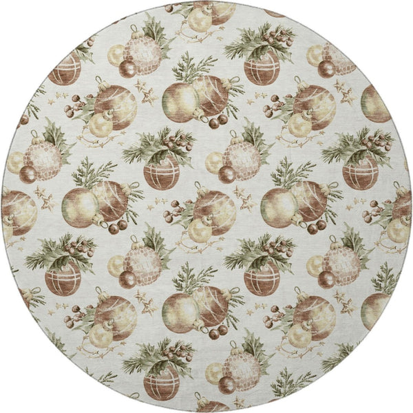 HomeRoots 8' Washable Round Rug in Ivory, Brown & Beige Polka Dots – Durable, UV-Protected & Stain Resistant! 702506