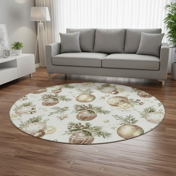 HomeRoots 8' Washable Round Rug in Ivory, Brown & Beige Polka Dots – Durable, UV-Protected & Stain Resistant! 702506