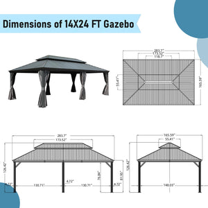 English Elm 14x24FT Hardtop Gazebo Outdoor Pavilion with Galvanized Double Roof, Aluminum Frame, Built-In Gutter System, Curtains and Mesh for Patio Garden Grey W1859S00108
