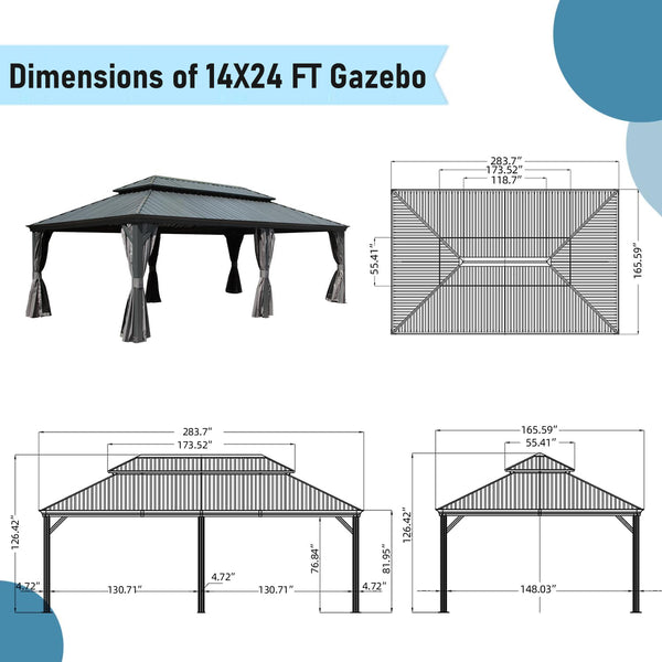 English Elm 14x24FT Hardtop Gazebo Outdoor Pavilion with Galvanized Double Roof, Aluminum Frame, Built-In Gutter System, Curtains and Mesh for Patio Garden Grey W1859S00108