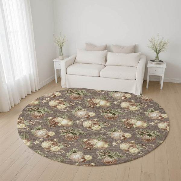HomeRoots 8' Taupe Brown & Beige Polka Dot Washable Round Rug with UV Protection for Versatile Home Decor 702512