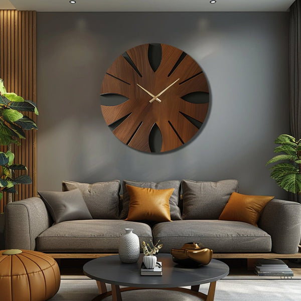 HomeRoots 14" Brown Solid Wood Silent Analog Clock - Elegant Round Design for Timeless Home Décor & Peaceful Spaces 702516