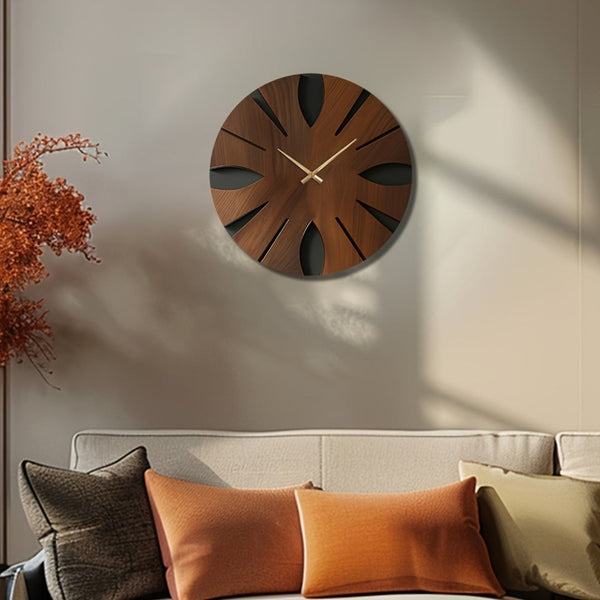 HomeRoots 14" Brown Solid Wood Silent Analog Clock - Elegant Round Design for Timeless Home Décor & Peaceful Spaces 702516