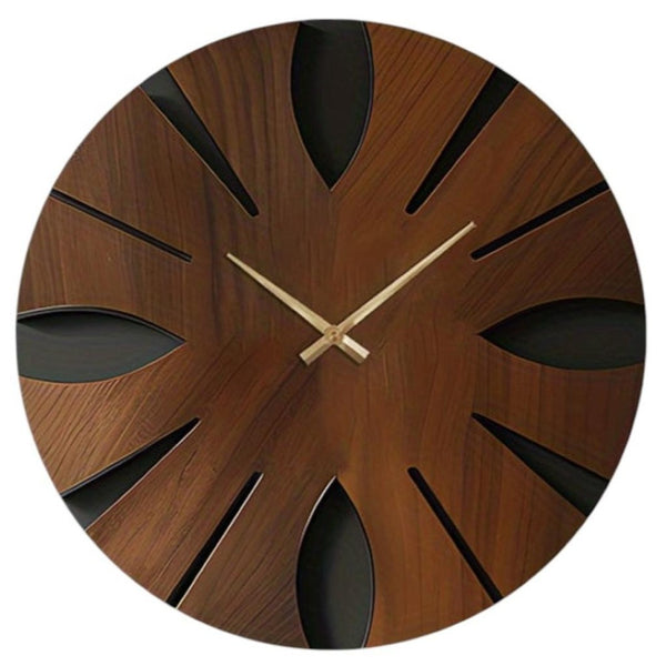 HomeRoots 14" Brown Solid Wood Silent Analog Clock - Elegant Round Design for Timeless Home Décor & Peaceful Spaces 702516