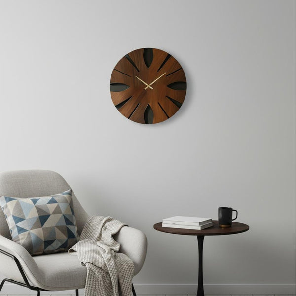 HomeRoots 14" Brown Solid Wood Silent Analog Clock - Elegant Round Design for Timeless Home Décor & Peaceful Spaces 702516