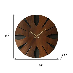 HomeRoots 14" Brown Solid Wood Silent Analog Clock - Elegant Round Design for Timeless Home Décor & Peaceful Spaces 702516