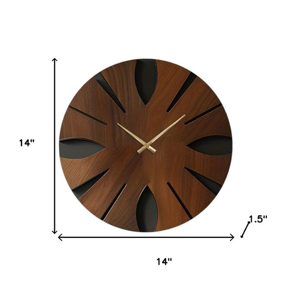 HomeRoots 14" Brown Solid Wood Silent Analog Clock - Elegant Round Design for Timeless Home Décor & Peaceful Spaces 702516