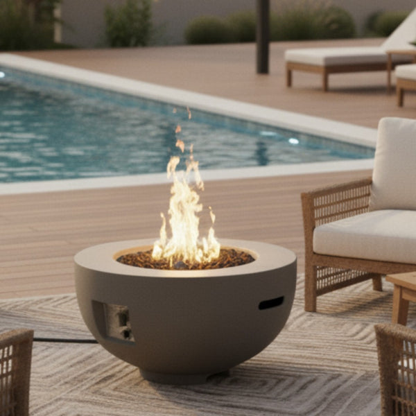 HomeRoots 40000 BTU Round Fire Pit Table in Gray Magnesium Oxide - Stylish, Durable, and Perfect for Outdoor Gatherings 702529