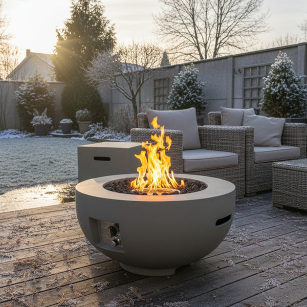 HomeRoots 40000 BTU Round Fire Pit Table in Gray Magnesium Oxide - Stylish, Durable, and Perfect for Outdoor Gatherings 702529