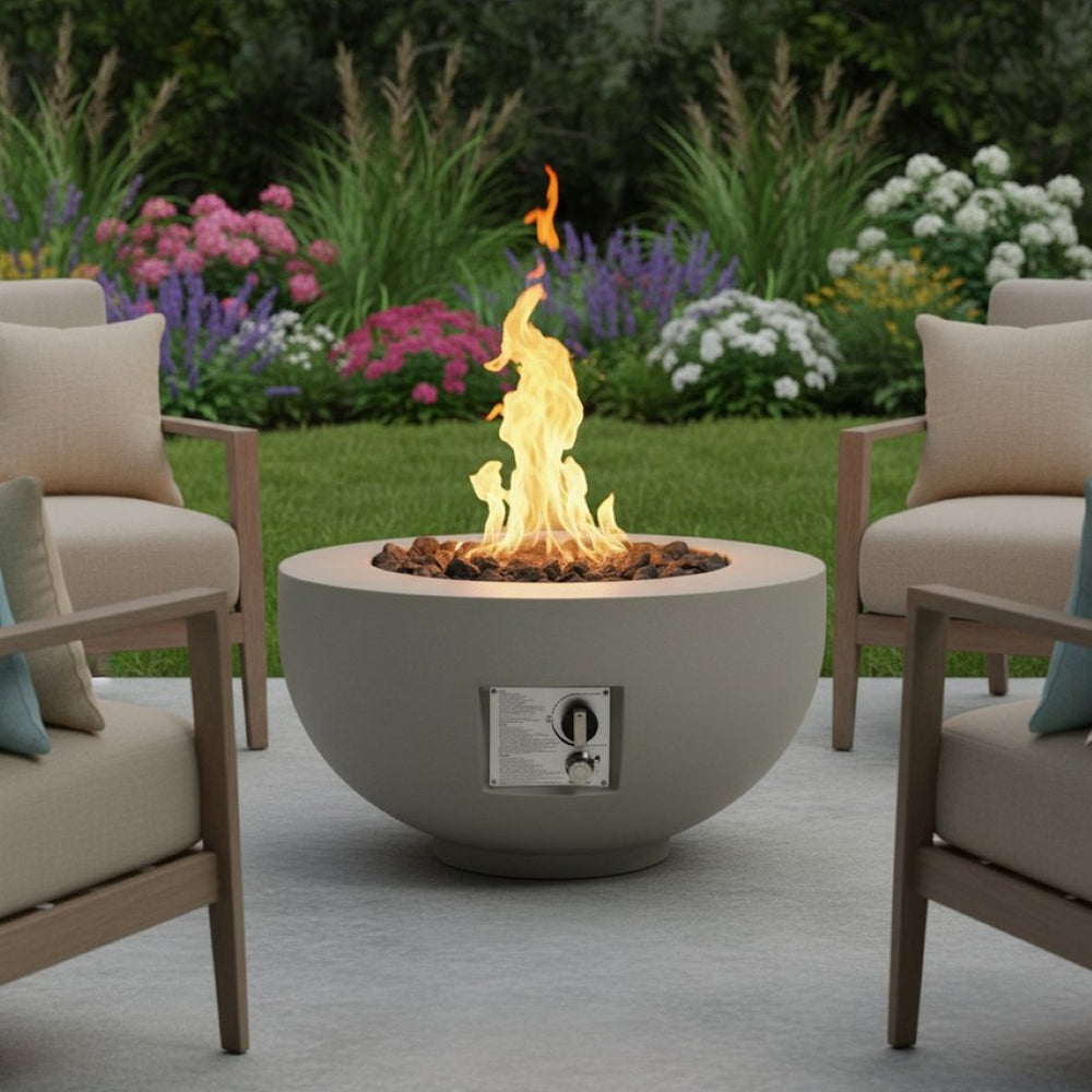 HomeRoots 40000 BTU Round Fire Pit Table in Gray Magnesium Oxide - Stylish, Durable, and Perfect for Outdoor Gatherings 702529