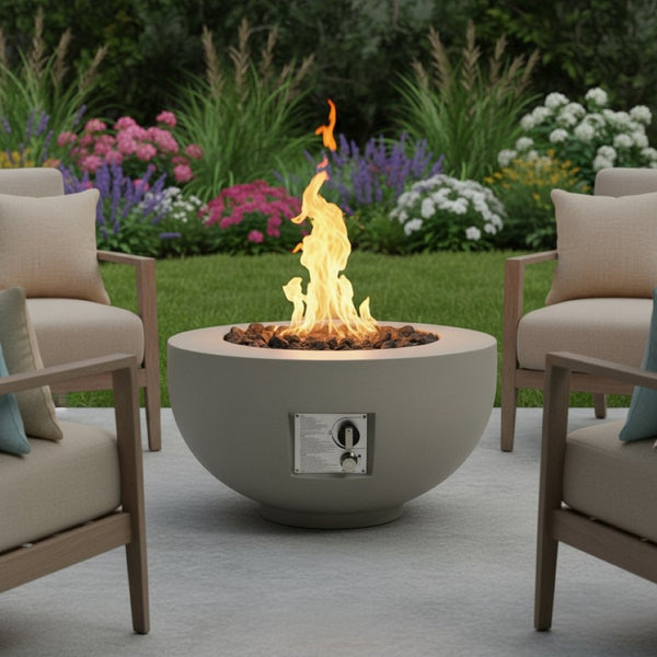 HomeRoots 40000 BTU Round Fire Pit Table in Gray Magnesium Oxide - Stylish, Durable, and Perfect for Outdoor Gatherings 702529