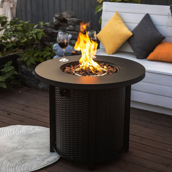 HomeRoots 50000 BTU Black Steel Round Fire Pit Table - Stylish, Durable, and Perfect for Outdoor Gatherings! 702531