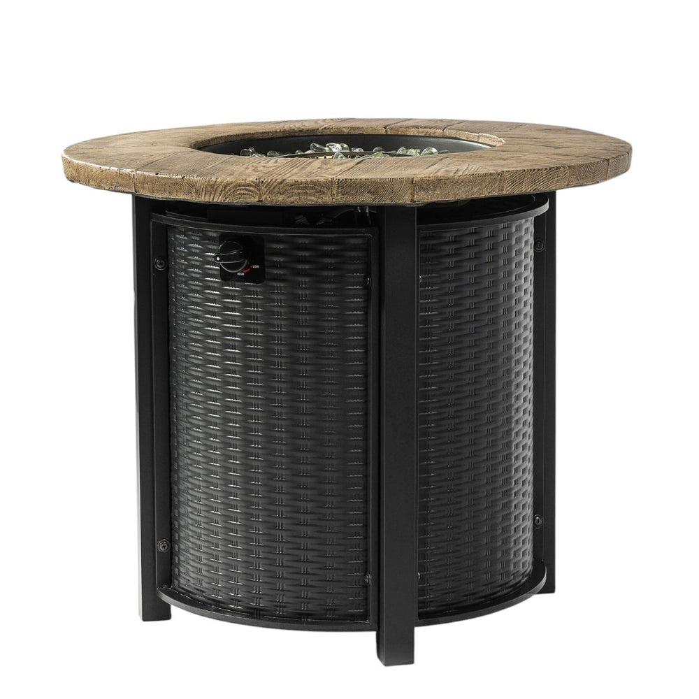 HomeRoots 50000 BTU Round Propane Fire Pit Table - Stylish Black & Brown Steel Design for Cozy Outdoor Gatherings 702532