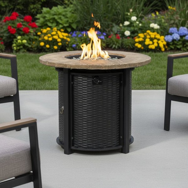 HomeRoots 50000 BTU Round Propane Fire Pit Table - Stylish Black & Brown Steel Design for Cozy Outdoor Gatherings 702532