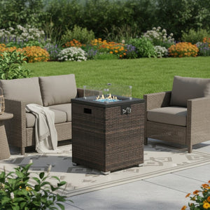 HomeRoots 50000 BTU Brown Wicker Propane Fire Pit - Stylish Rectangular Design for Cozy Outdoor Gatherings 702534