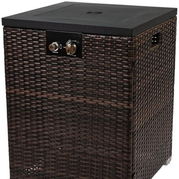 HomeRoots 50000 BTU Brown Wicker Propane Fire Pit - Stylish Rectangular Design for Cozy Outdoor Gatherings 702534