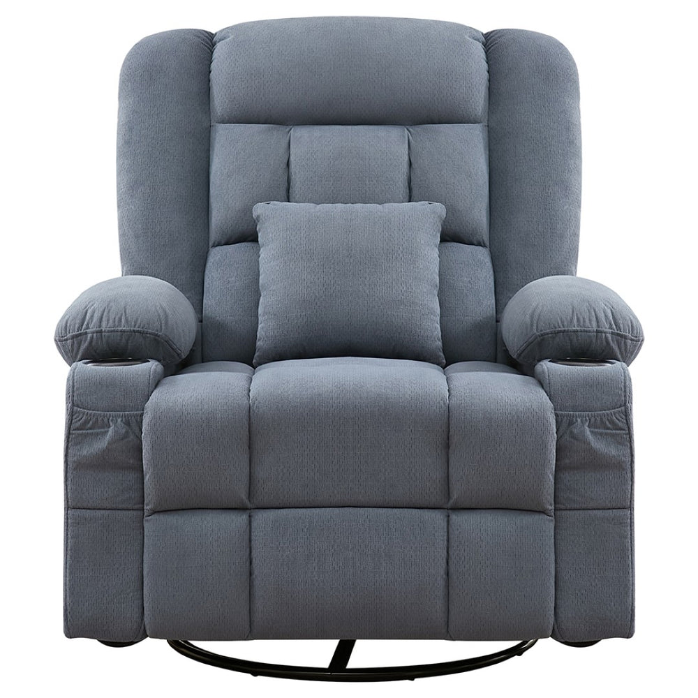 HomeRoots 38" Blue Tufted Cotton Blend Recliner with Heat, Massage, USB, and Swivel for Ultimate Comfort 702540