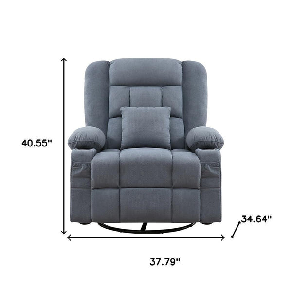 HomeRoots 38" Blue Tufted Cotton Blend Recliner with Heat, Massage, USB, and Swivel for Ultimate Comfort 702540
